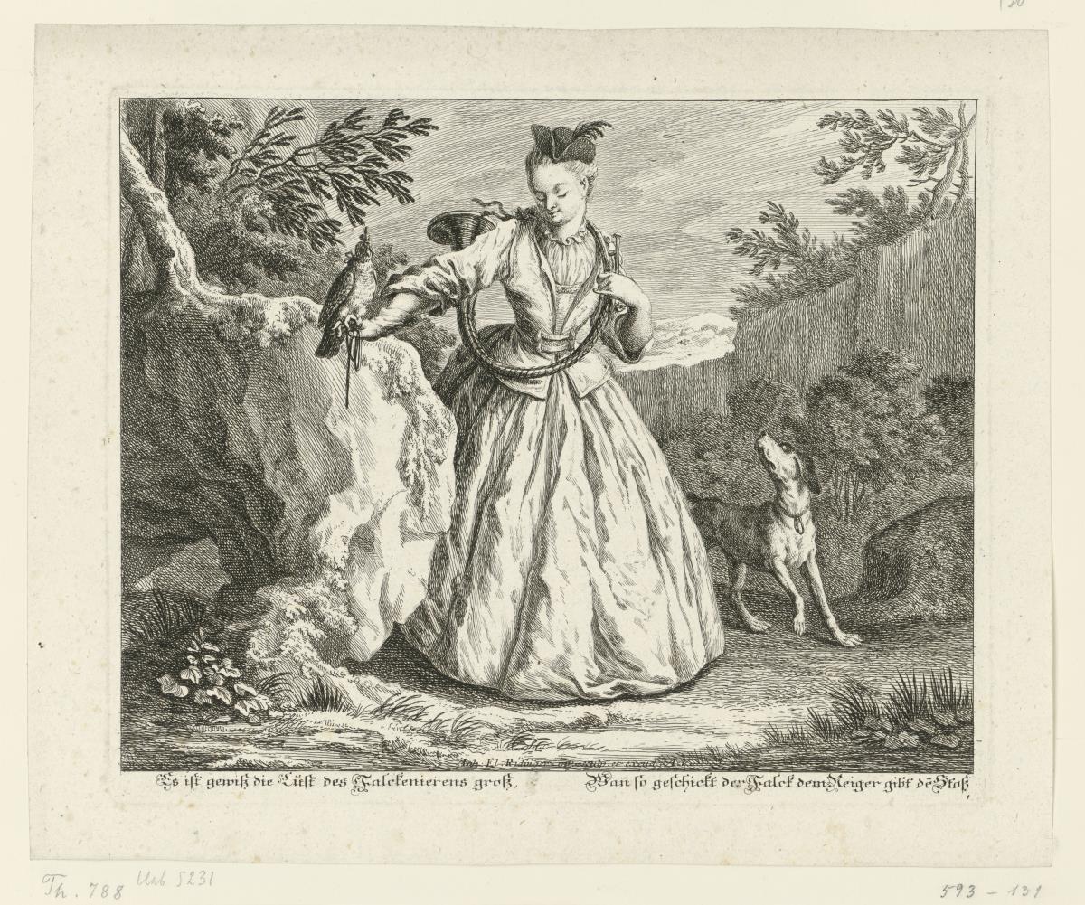Jägerin mit Falke und Waldhorn