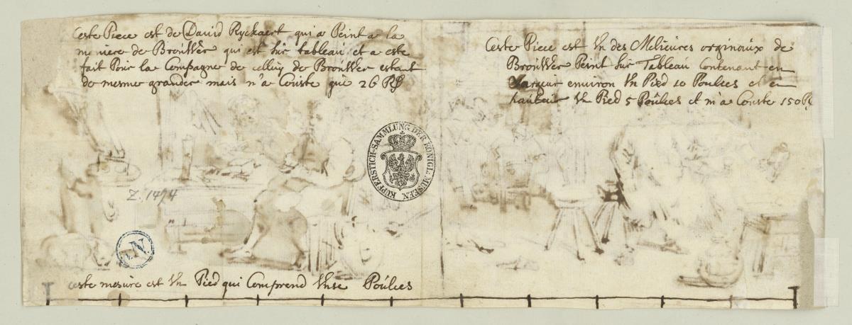 Erläuterungen zur Zeichnung auf der Vorderseite (Zuschreibung an David Ryckart und Adriaen Brouwer, Angaben zu Maßen und Kosten der ausgeführten Gemälde)