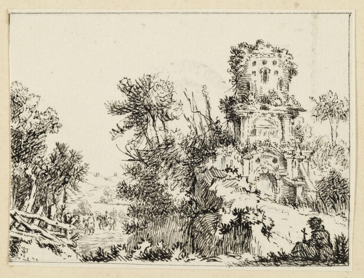 Landschaft mit Ruinen, im Hintergrund Reiter, im Vordergrund einzelne sitzende Figur mit einem Kreuz