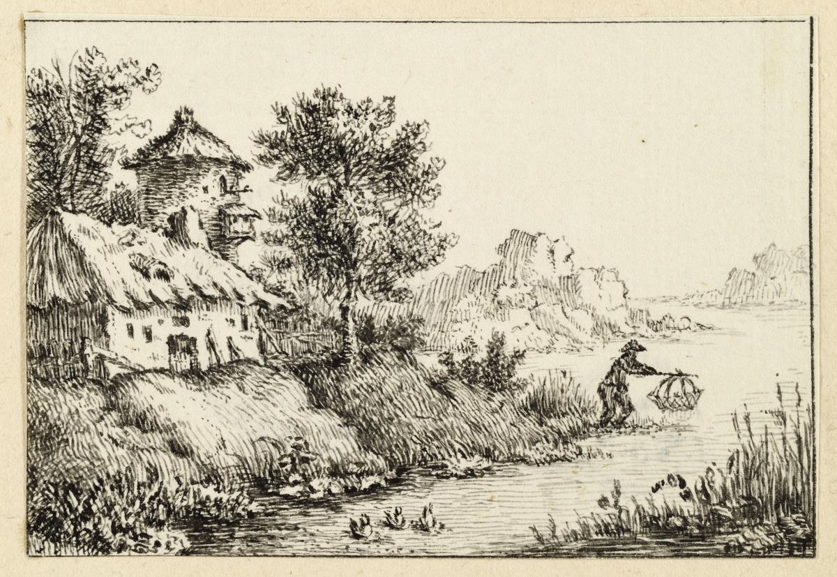 Flusslandschaft mit Gebäude, Taubenschlag und Fischer am Ufer