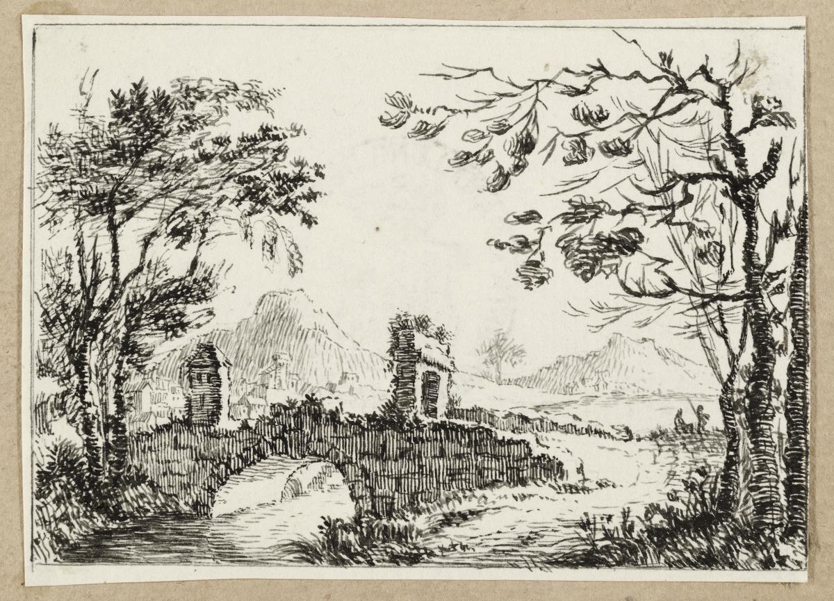 Landschaft: Steinbrücke über einen Fluss