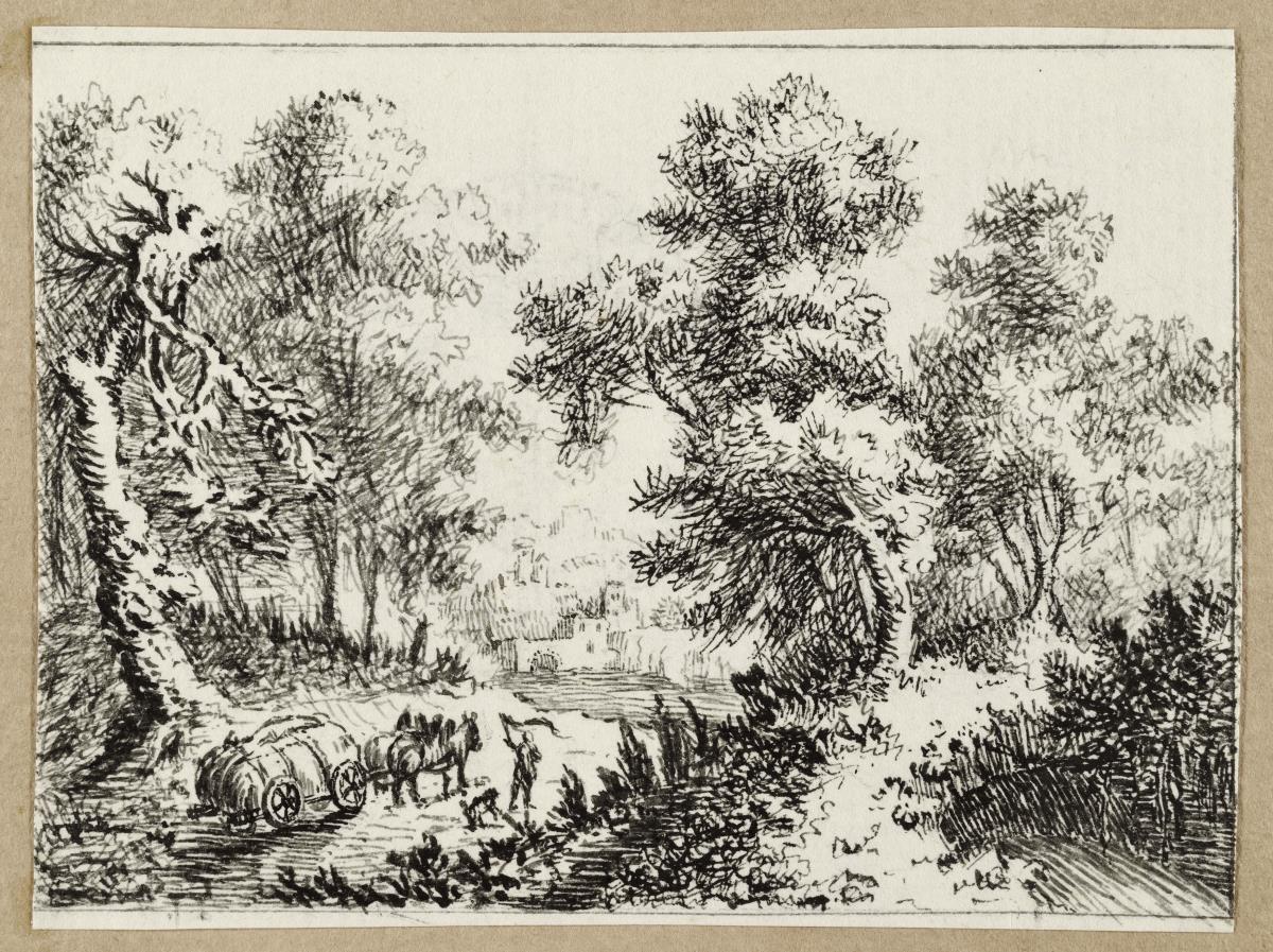 Baumreiche Landschaft mit Pferdefuhrwerk