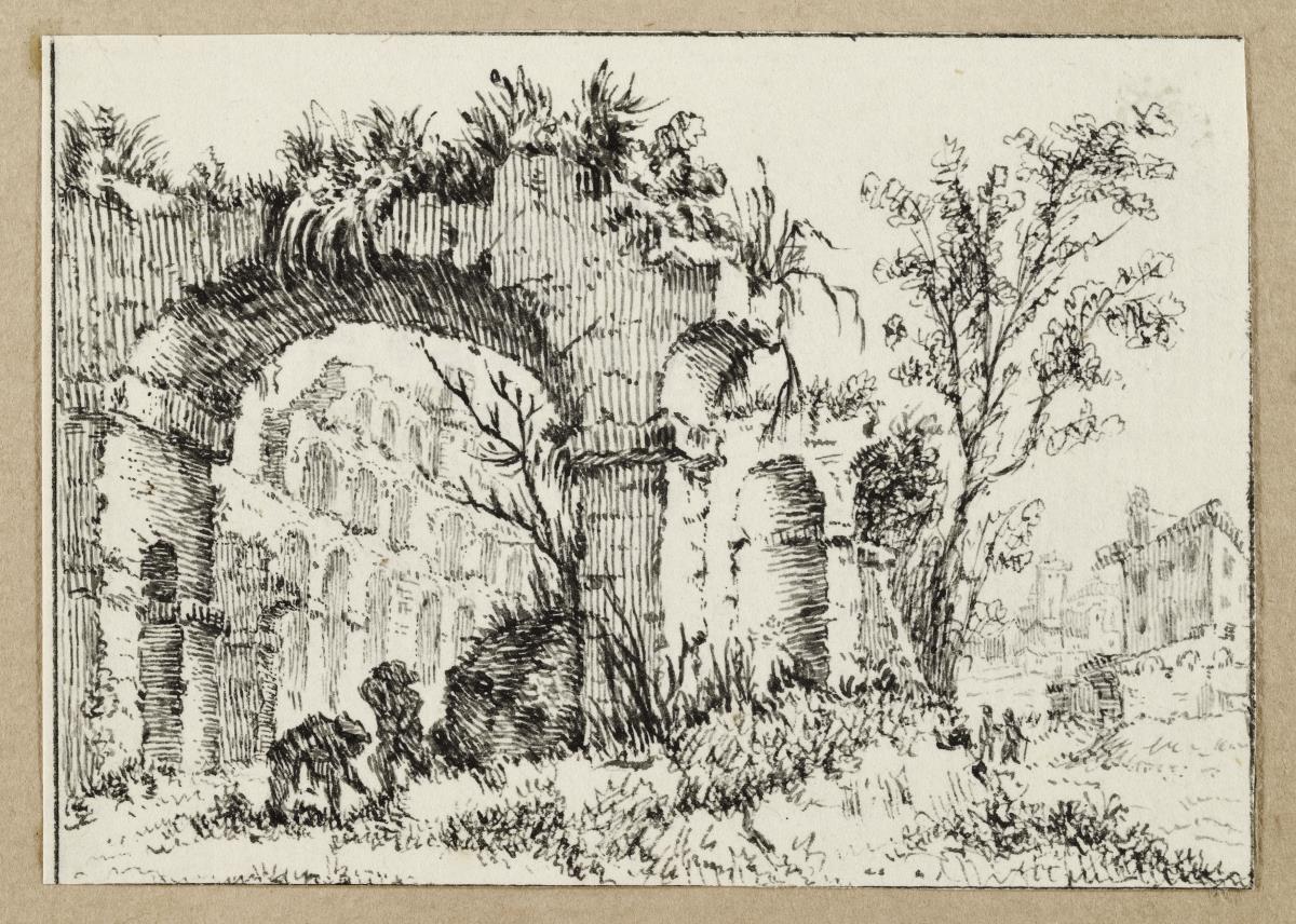 Landschaft mit überwucherten Ruinen und Staffagefiguren
