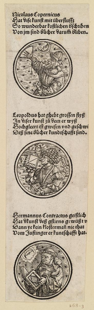 Drei Bildnisse von Astronomen: Nicolaus Copernicus, Leopoldus, Hermannus Contractus