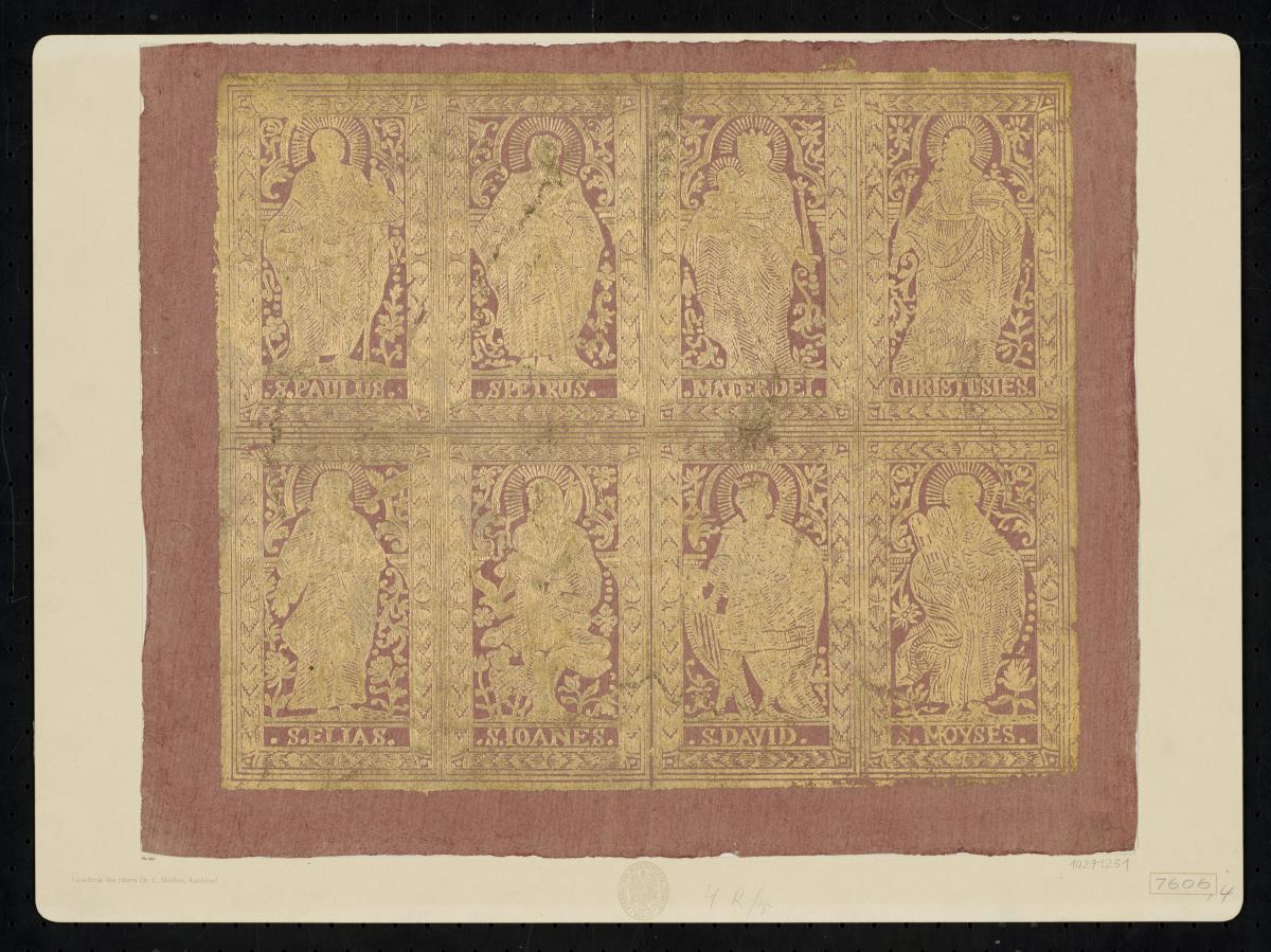 Brokatpapier (religiöser Bilderbogen mit acht Heiligen)