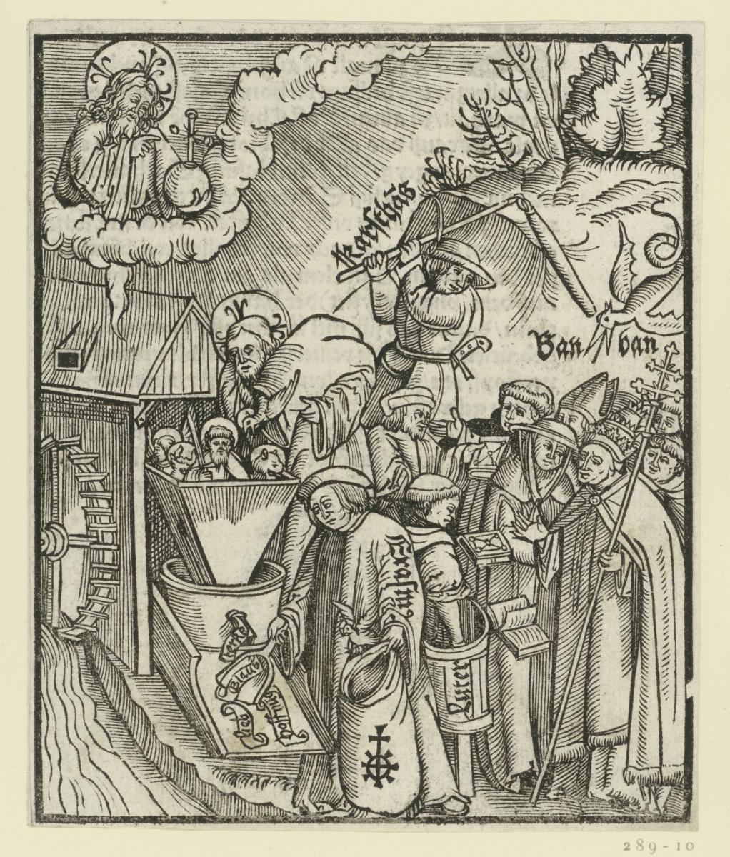Die Mühle Christi: Christus gibt die Evangelisten und Apostel samt Heiligen Geist in den Trichter, Erasmus und Luther verteilen die Ergebnisse (Bibeln) an die anwesenden Kleriker (im Hintergrund der "Karsthans")