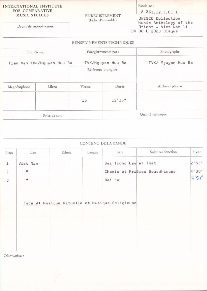 UNESCO Collection / Music Anthology of the Orient - Viet Nam 11 / BM 30 L 2023 Disque