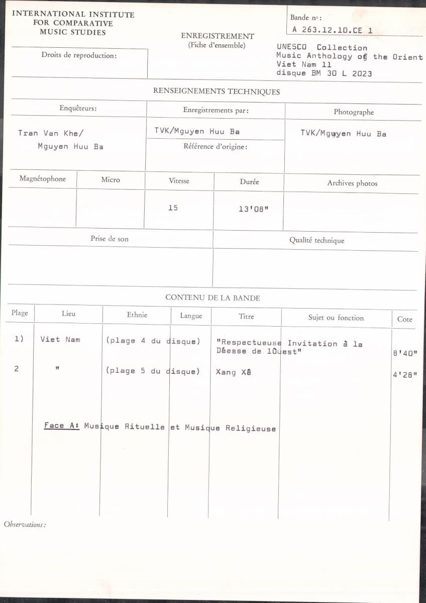 UNESCO Collection / Music Anthology of the Orient  Viet Nam 11 / disque BM 30 L 2023