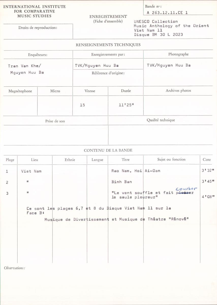 UNESCO Collection / Music Anthology of the Orient - Viet Nam 11 / Disque BM 30 L 2023