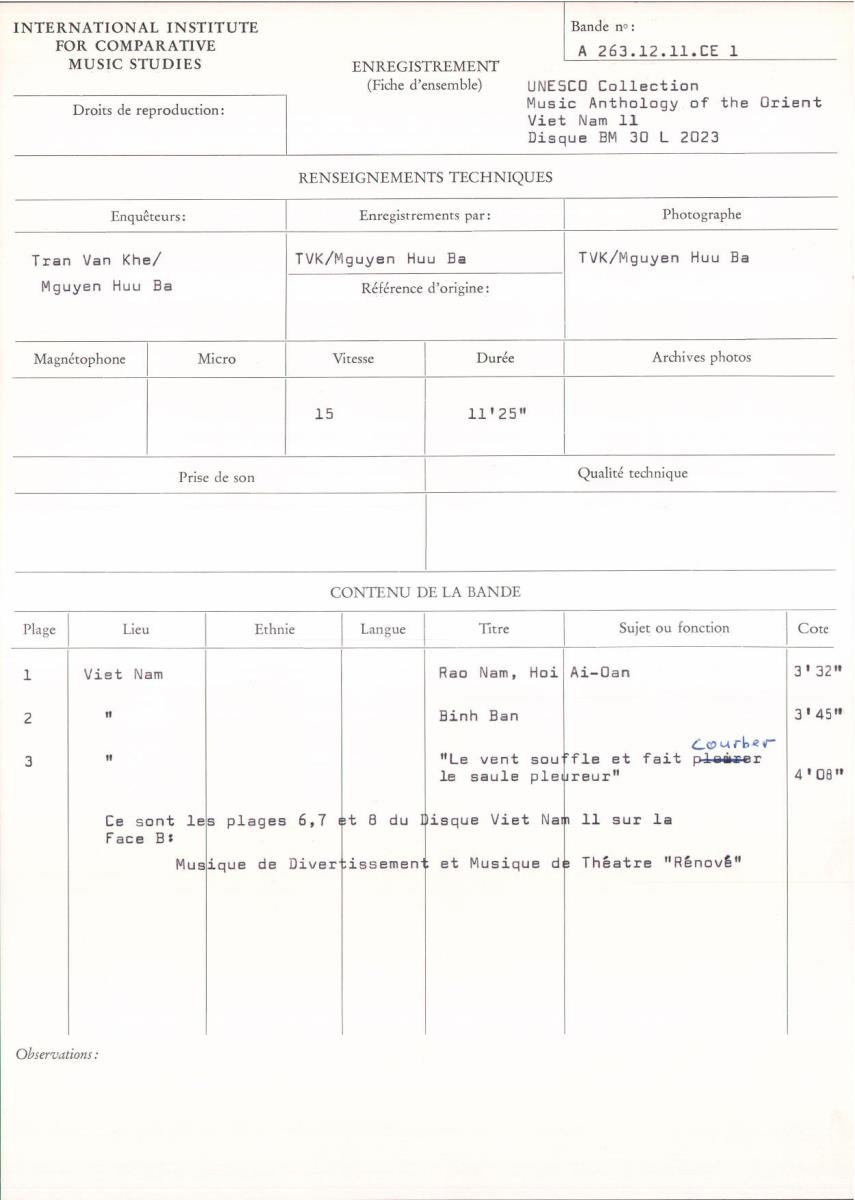 UNESCO Collection / Music Anthology of the Orient - Viet Nam 11 / Disque BM 30 L 2023