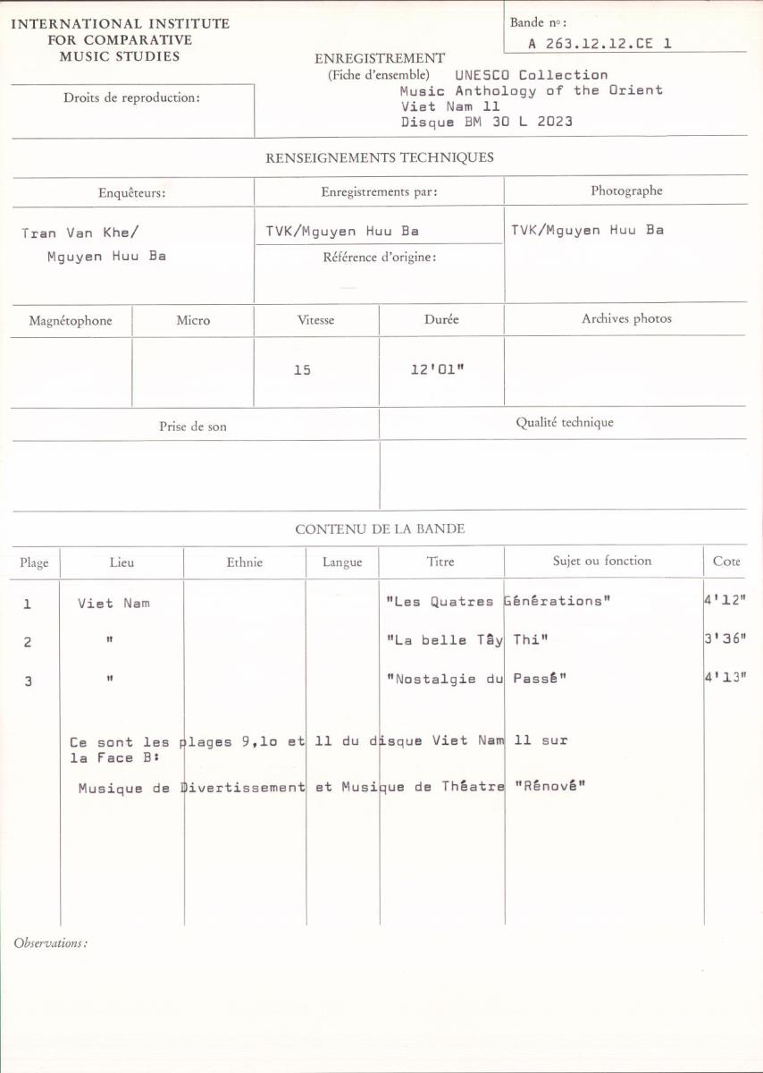 UNESCO Collection / Music Anthology of the Orient - Viet Nam 11 / Disque BM 30 L 2023