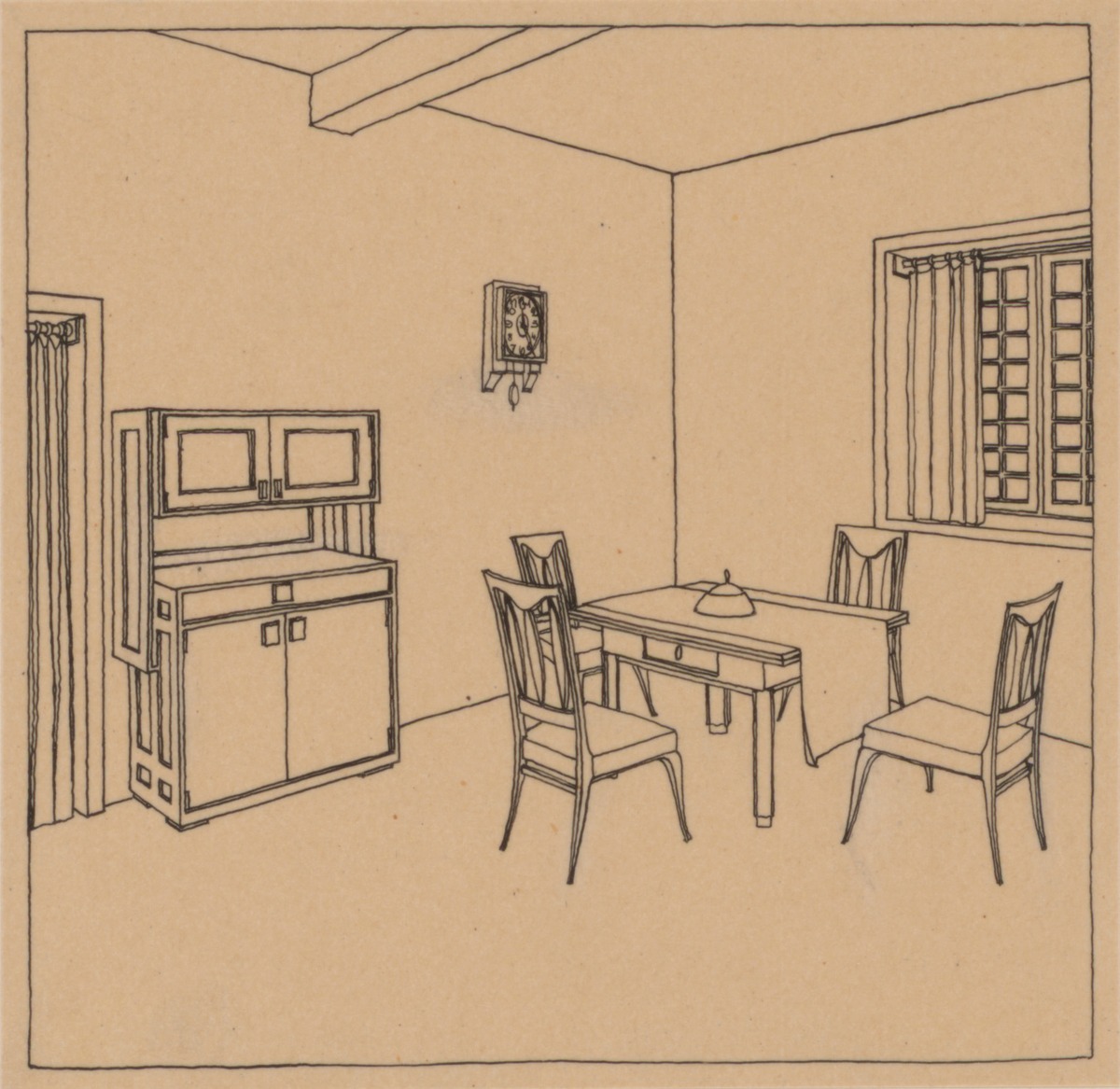 Friedberg, Zimmer für Firma H. Bindewald, Speisezimmer, Perspektive mit Anrichte, Tisch und vier Stühlen