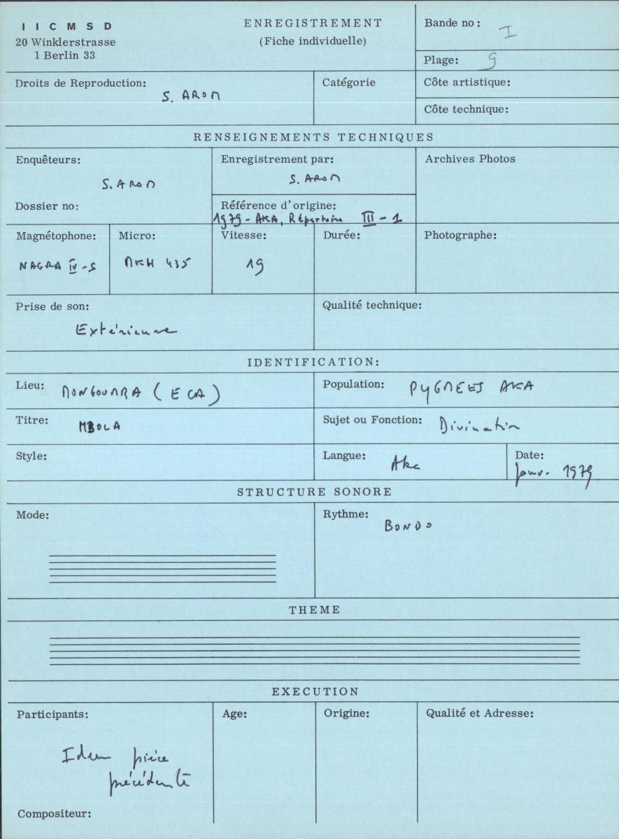 Arom I, 1979 - Aka, Repertoire