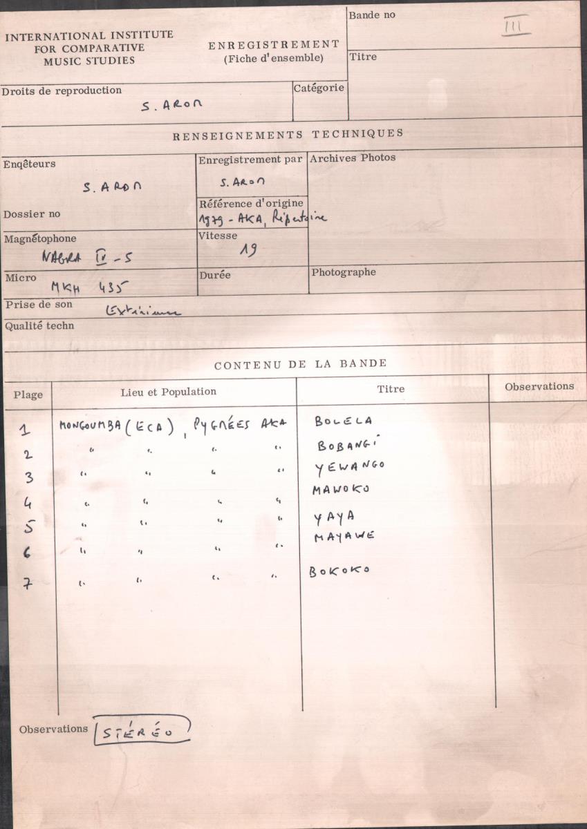 Arom III, 1979 - Aka, Repertoire