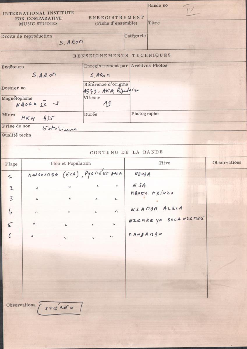 Arom IV, 1979 - Aka, Repertoire