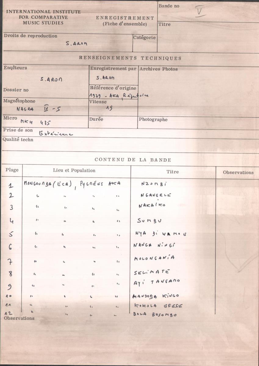 Arom V, 1979 - Aka, Repertoire