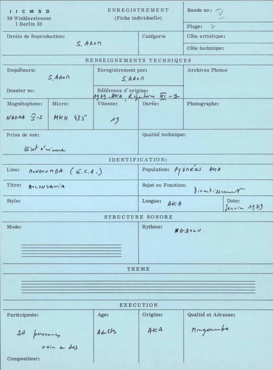 Arom V, 1979 - Aka, Repertoire