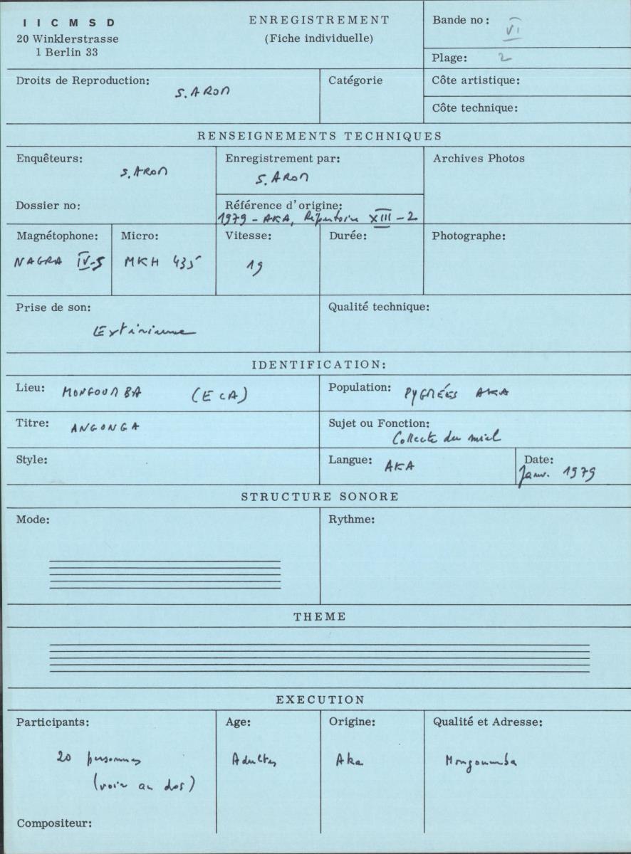Arom VI, 1979 - Aka, Repertoire