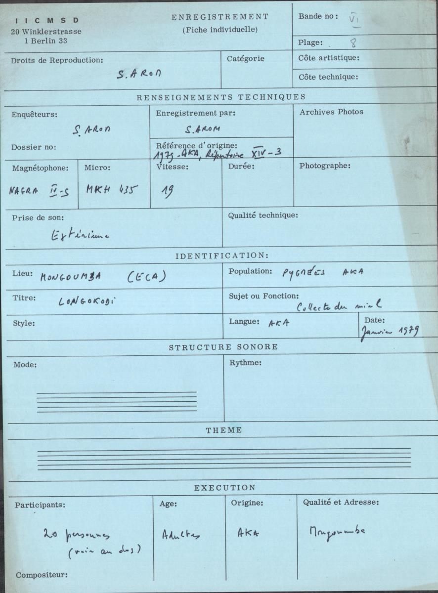 Arom VI, 1979 - Aka, Repertoire