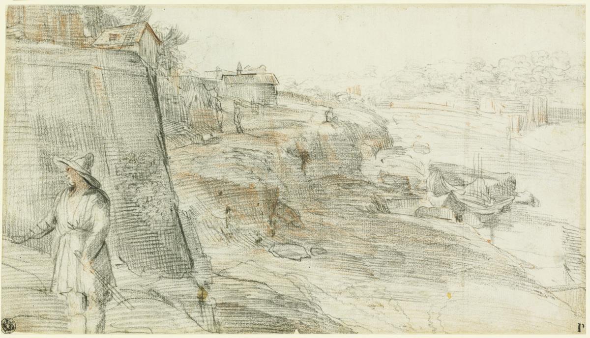 Flußlandschaft mit einem Mann in Vordergrund und Häusern und Booten im Hintergrund