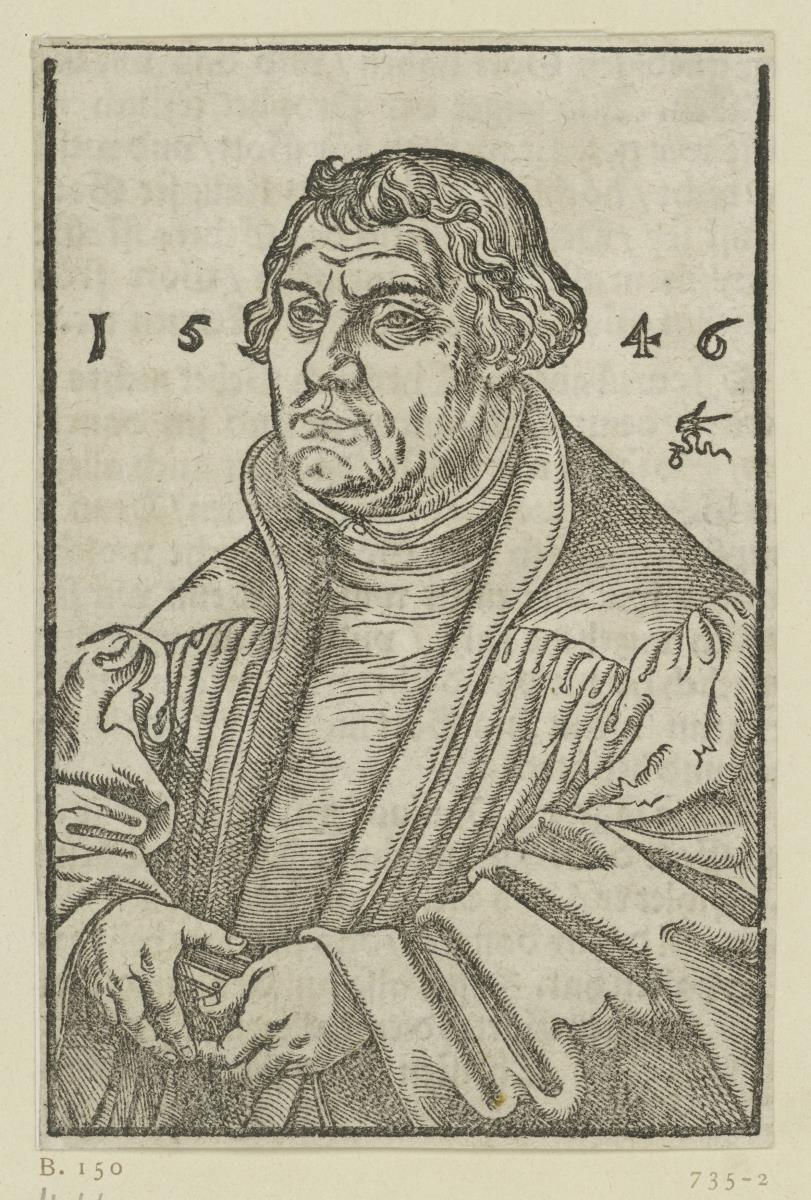 Martin Luther, ein Buch haltend, Halbfigur nach links