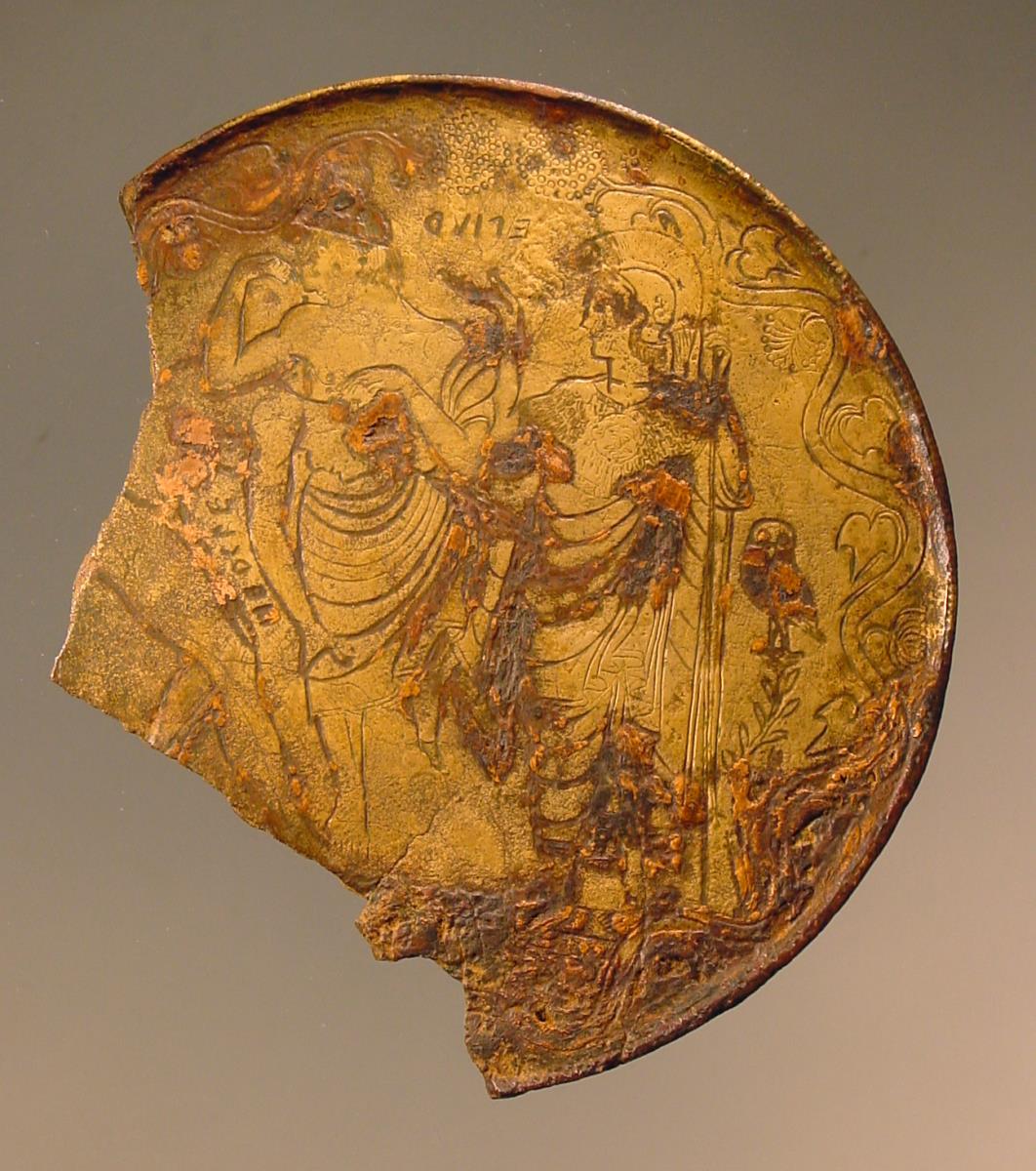 Etruskischer Spiegel (Fragment) mit Inschrift sowie Herkules und Antaeus