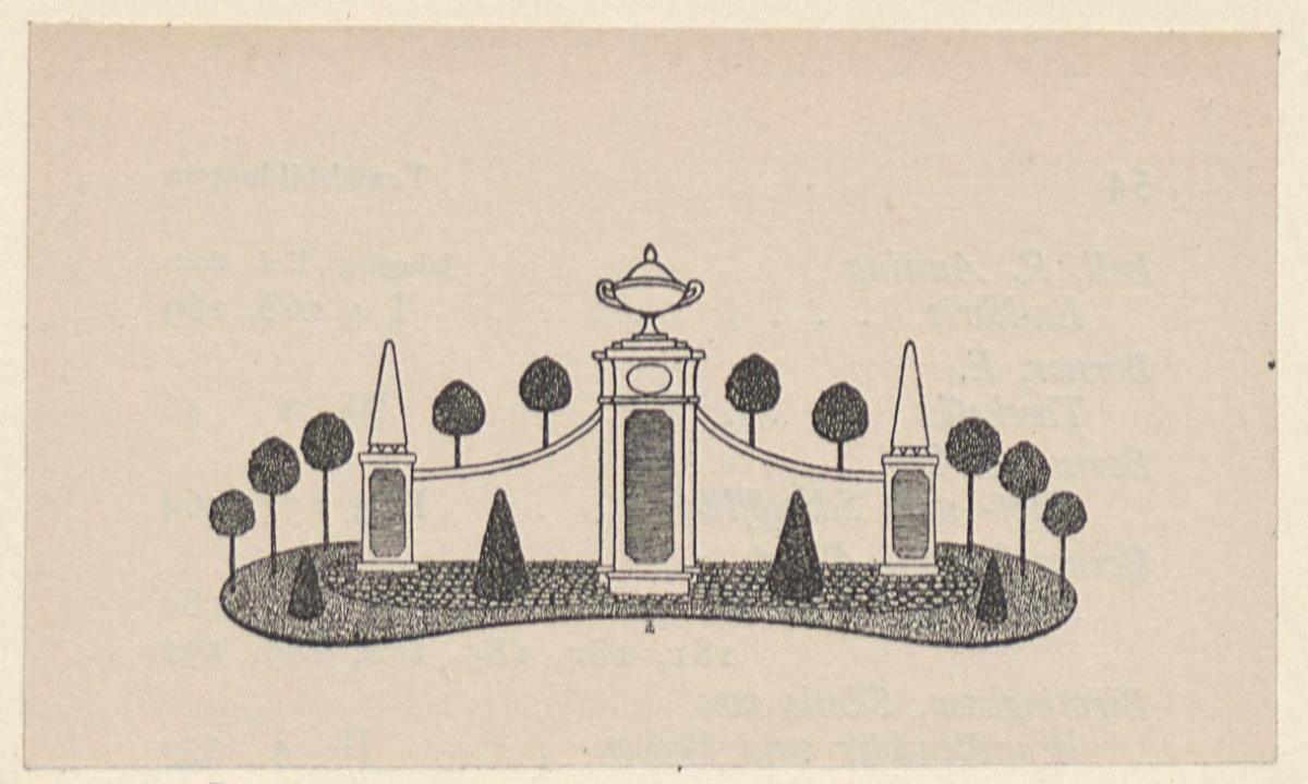 Vignette Mauerarchitektur mit Feuerschale und Obelisken, Kugelbäume und Baumkegel