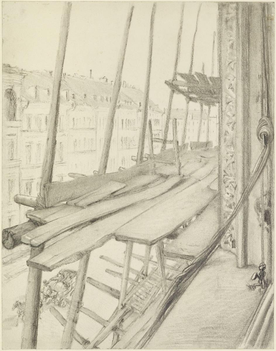 Blick aus dem Fenster auf ein Baugerüst und die Straße