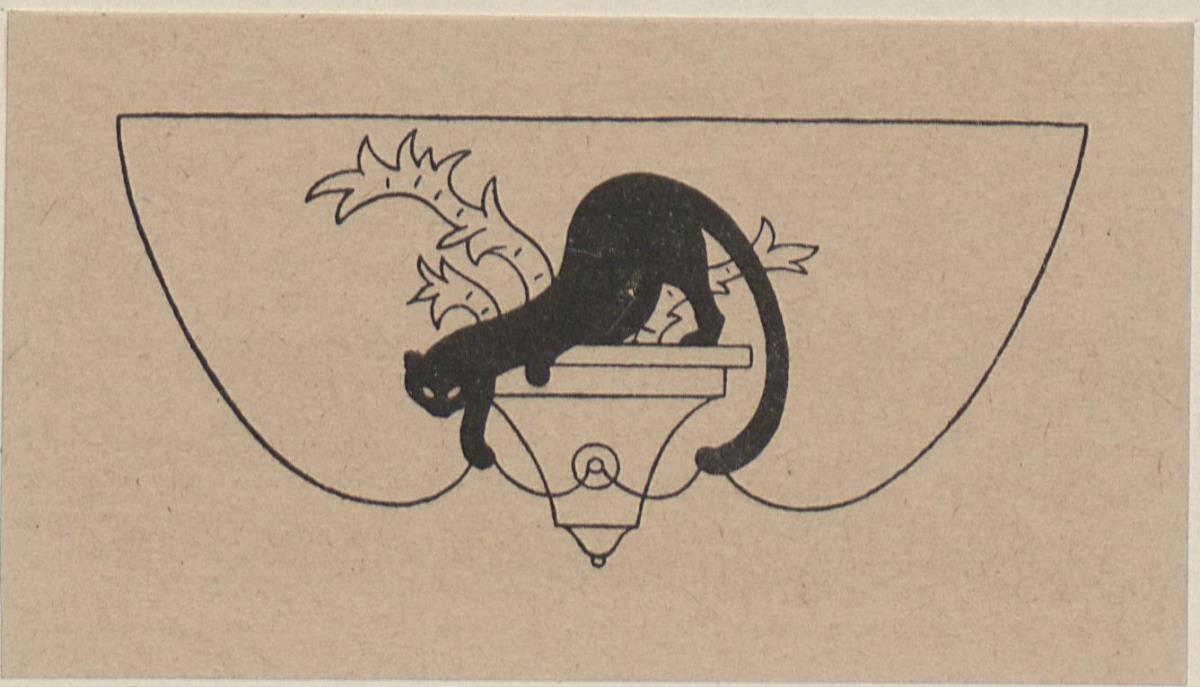 Vignette mit Katze, Pflanzenschale und Kordelband