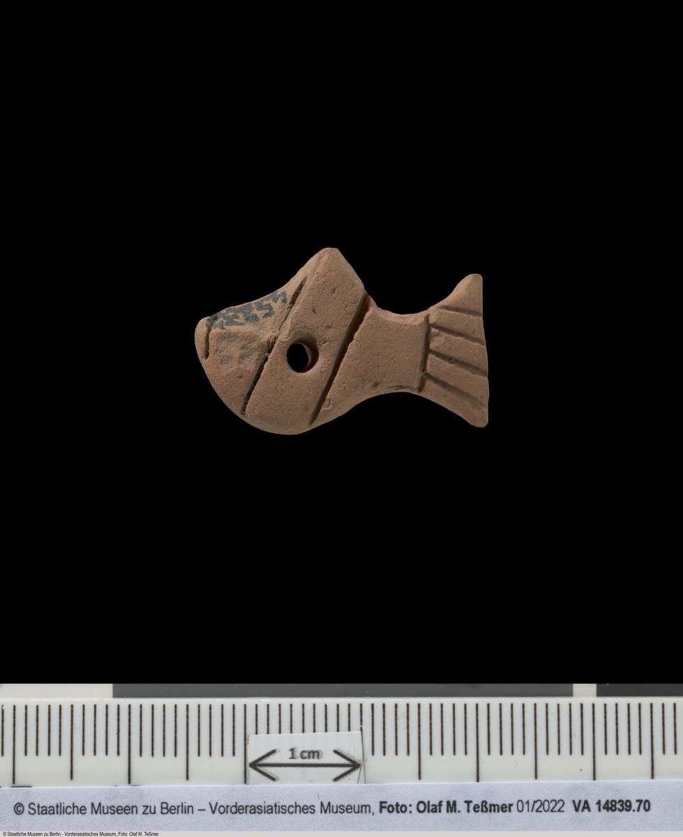 fischförmiger Token mit zentraler, durchgängiger Bohrung und Ritzung