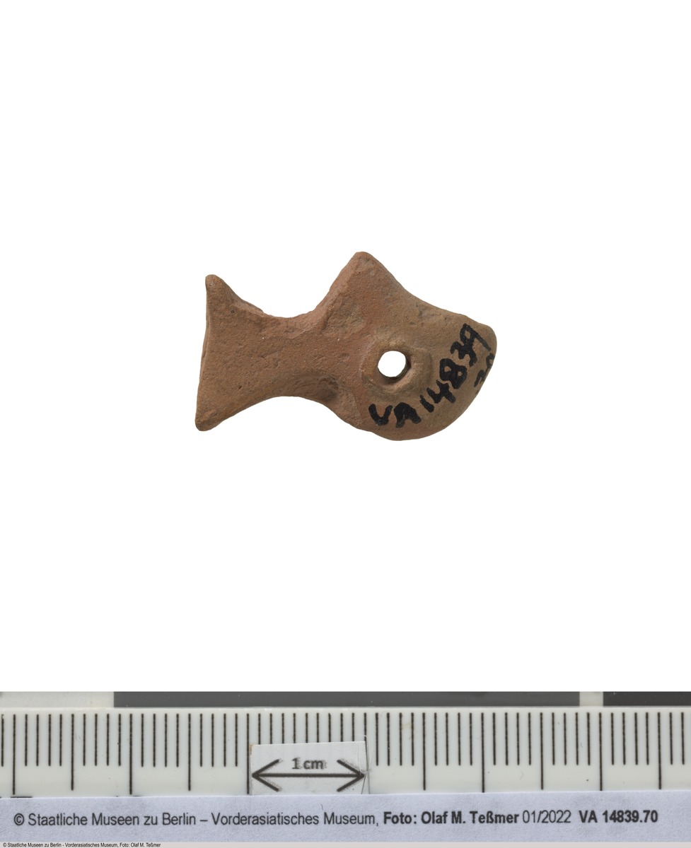 fischförmiger Token mit zentraler, durchgängiger Bohrung und Ritzung
