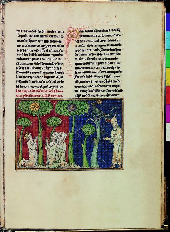 Alexander-Roman. Der Sonnenbaum und der Mondbaum weissagen dem knienden Alexander Herrschaft über die erde und baldigen Tod. Auf einem unbelaubtem Baum der Vogel Phönix