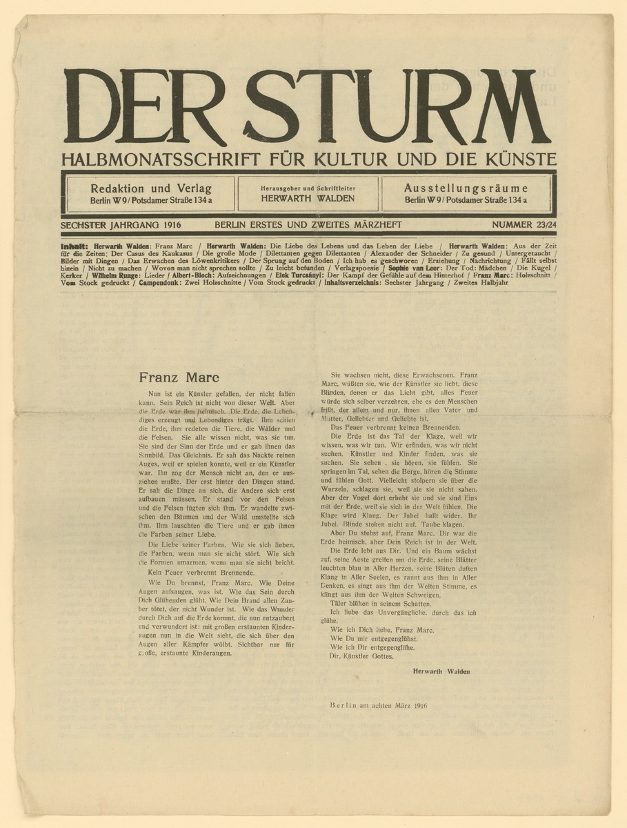 Franz Marc (Nachruf, Titelseite aus: Der Sturm. Halbmonatsschrift für Kultur und die Künste, 6. Jg., 1916, Heft 23/24)