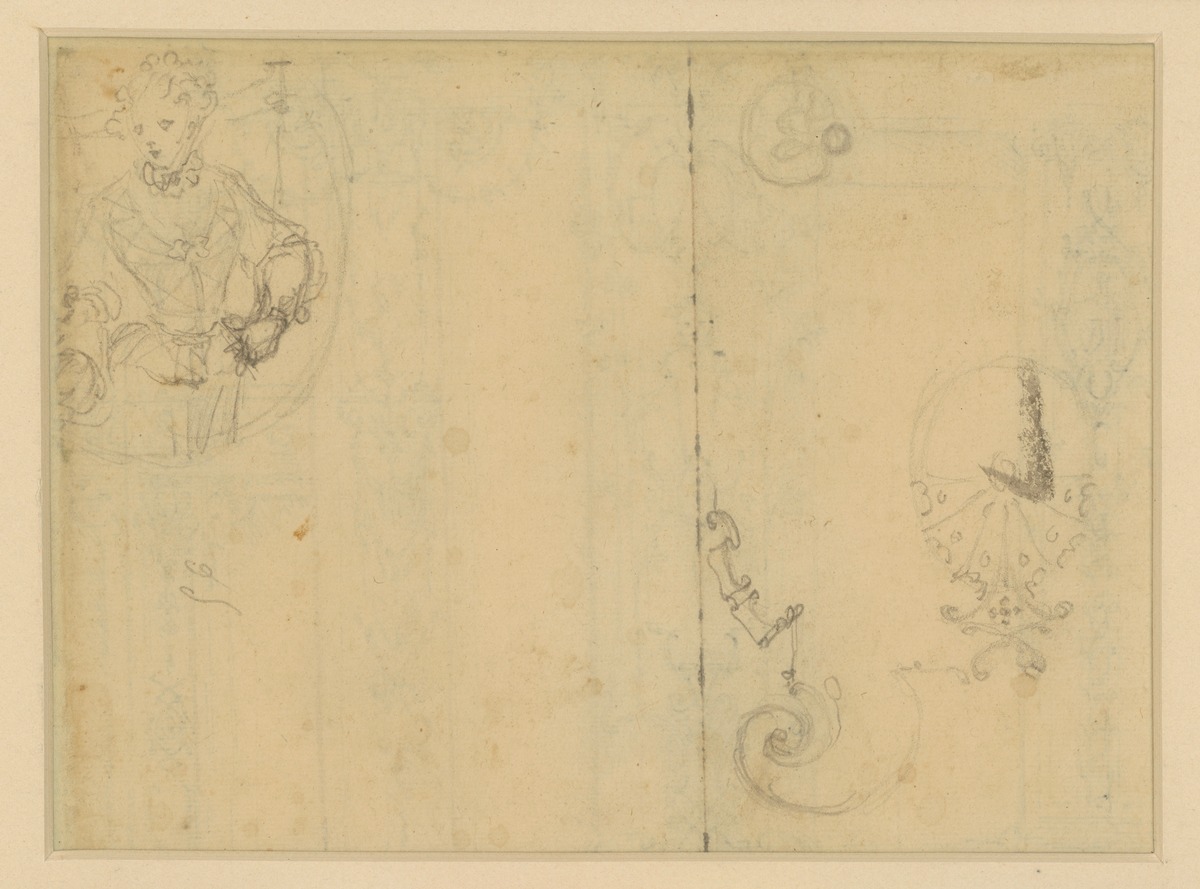 Recto: Verschiedene Wandfüllungen; Verso: männliche Figur und Ornamente
