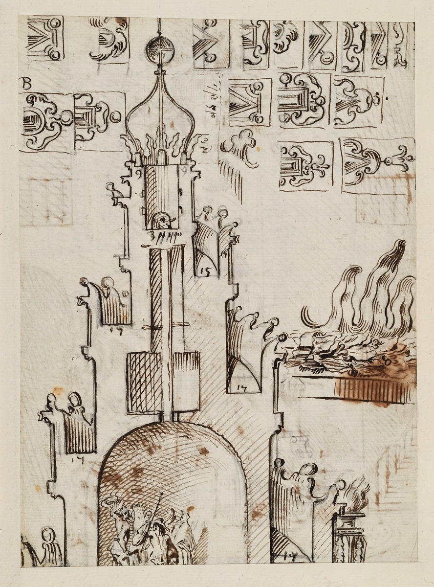 Schnitt durch einen Turm, ornamentale Details