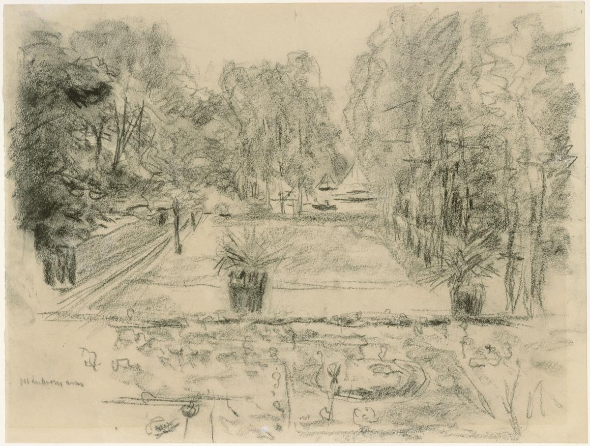 Des Künstlers Garten in Wannsee mit Blick aufs Wasser und Segelboote
