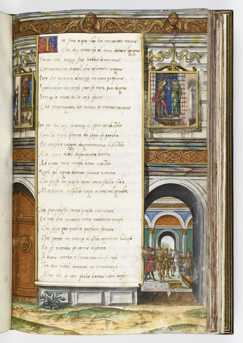 Gaspare Visconti, Romanzo di Paolo e Daria (Li due amanti Paolo e Daria): Architektonisch aufgebaute Umrahmung mit Durchblick auf einen Palasthof