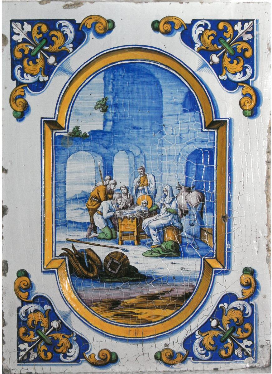 Kachelofen mit Apostelfiguren und mehrfigurigen biblischen Szenen in Landschaften mit Spruchbändern