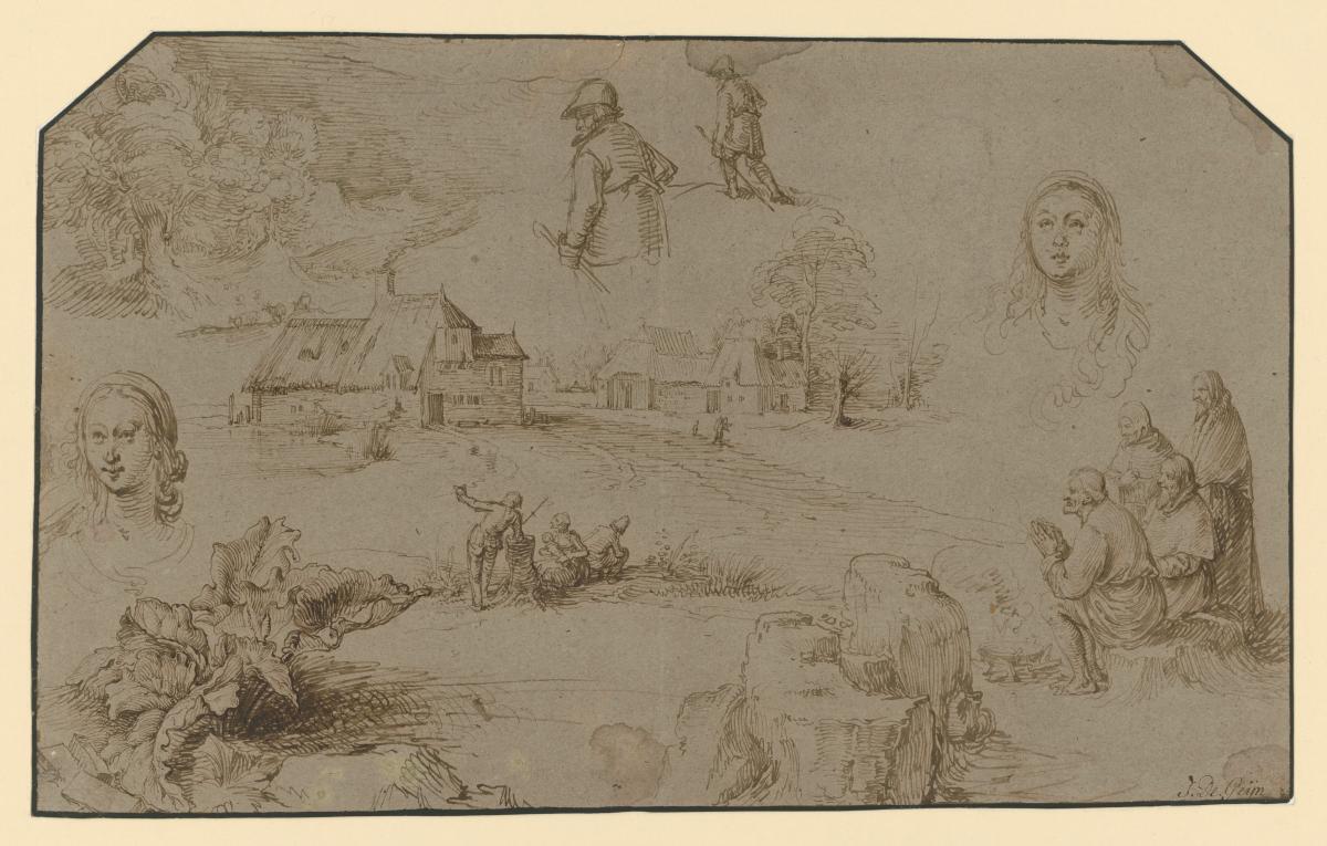 Skizzenblatt mit Landschaften und Figuren