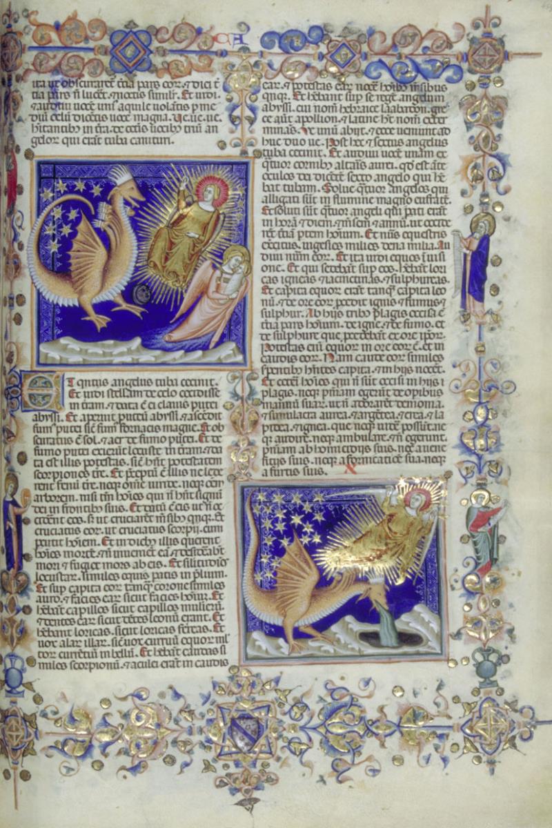 Umrahmung und zwei Miniaturen, die beiden drachenartigen gekrönten Tiere der Lästerung werden von der Menge angebetet, darunter das graue gehörnte Tier der Verführung, ebenfalls angebetet (folio 459 recto der "Hamilton-Bibel")