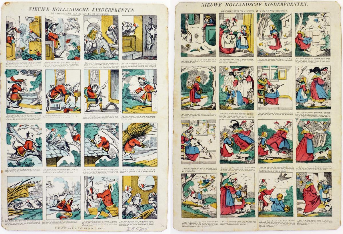 Njeuwe Hollandsche Kinderprenten. Vorderseite: De Geschiedenis van de Kat en de Musschen. Rückseite: Geschiedenes van Netje de Kwade Tooverheks.