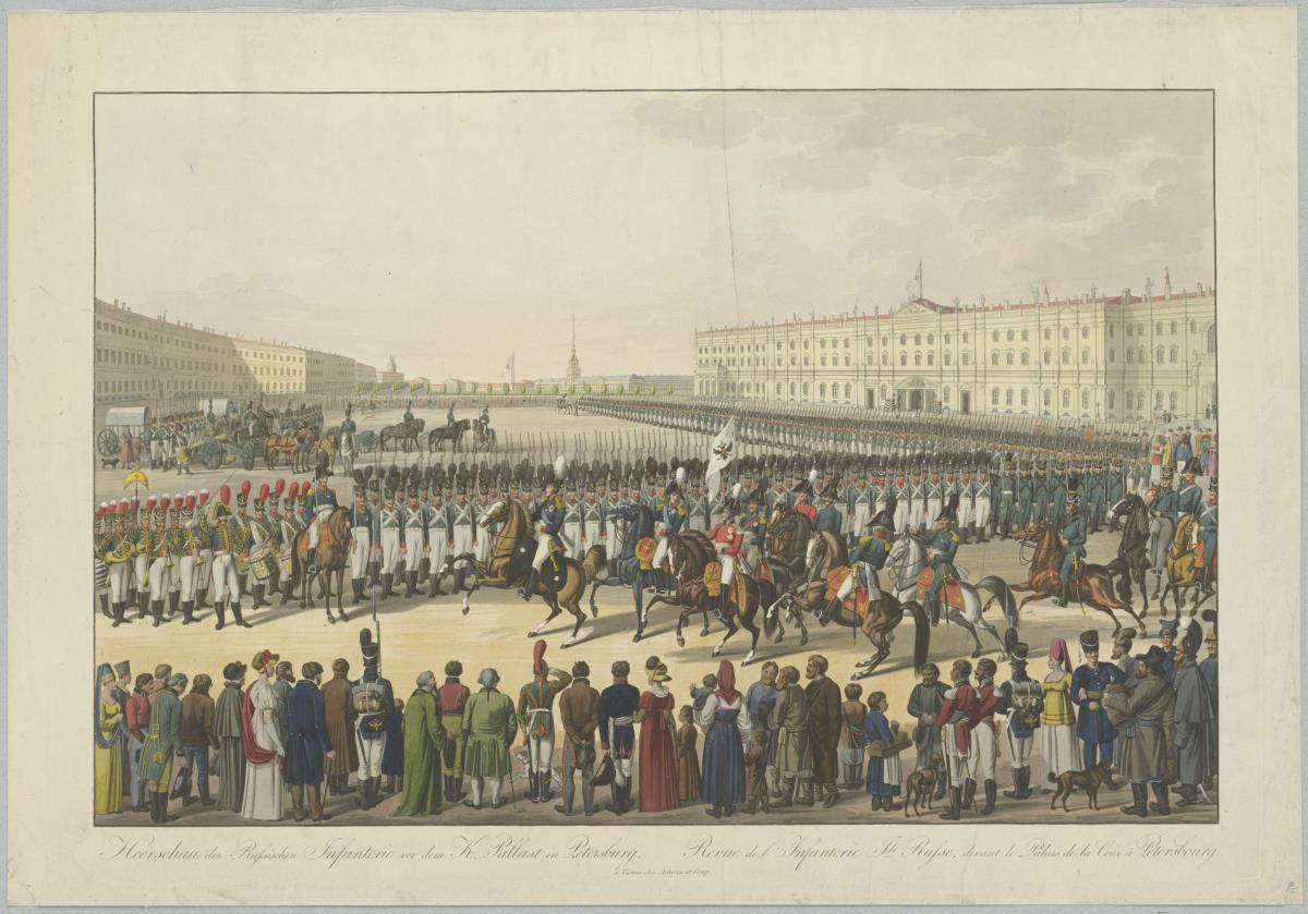 Heerschau der russischen Infanterie vor dem K. Palast in Petersburg