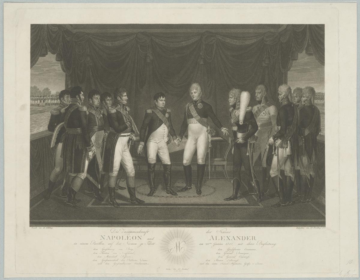 Die Zusammenkunft der Kaiser Napoléon und Alexander in einem Pavillon auf dem Niemen zu Tilsit, am 25. Junis 1807