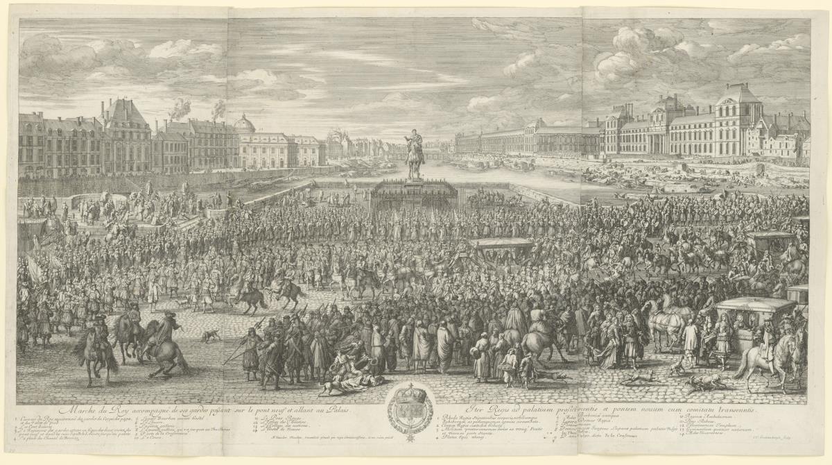 Marche du Roi accompagné de ses Gardes, passant sur le Pont Neuf et allant au Palais
