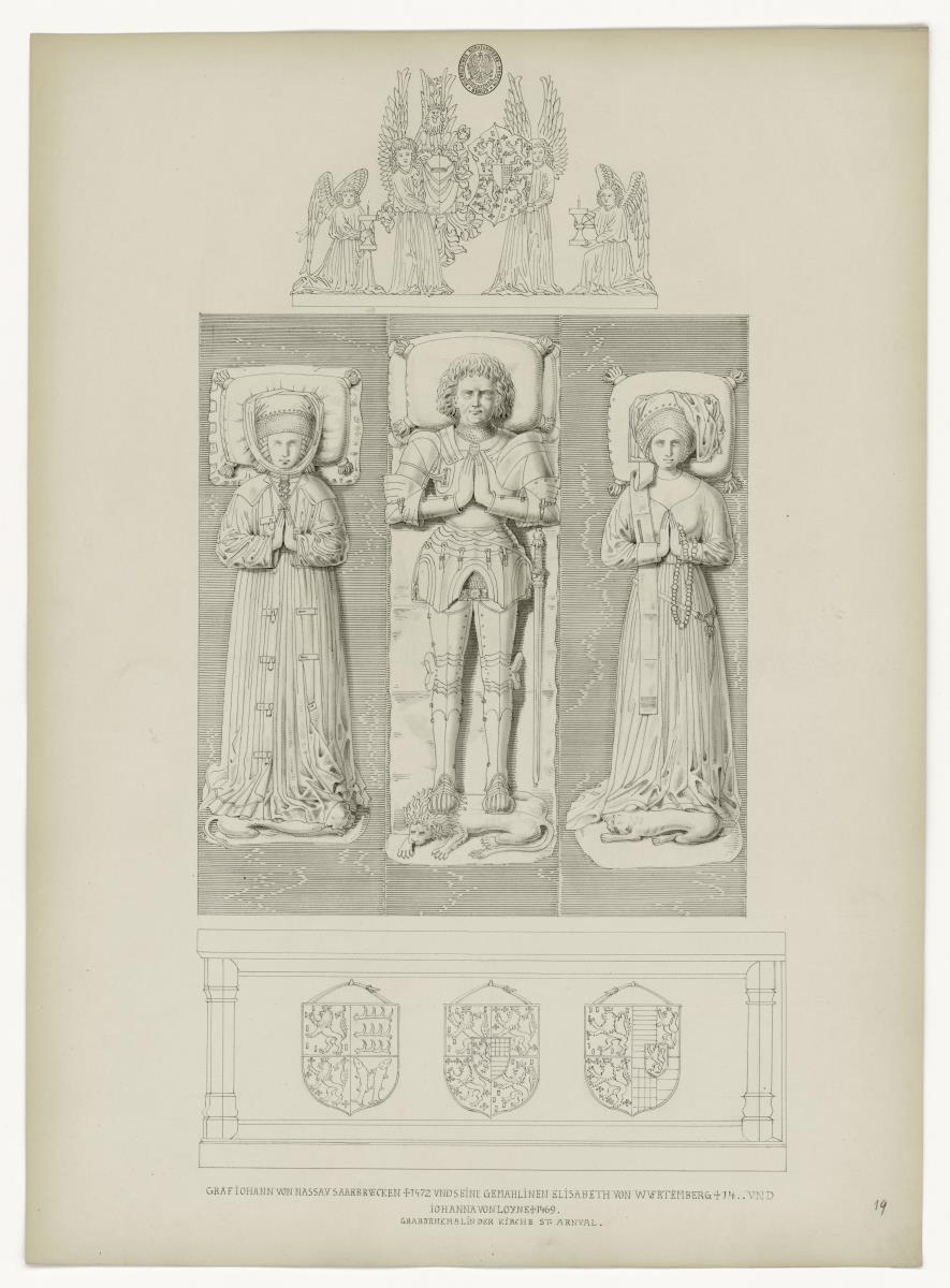 Graf Johann von Nassau, gest. 1472, und seine Gemahlinen Elisabeth v. Württenberg und Johanna von Loyne,  Kirche St. Arnual