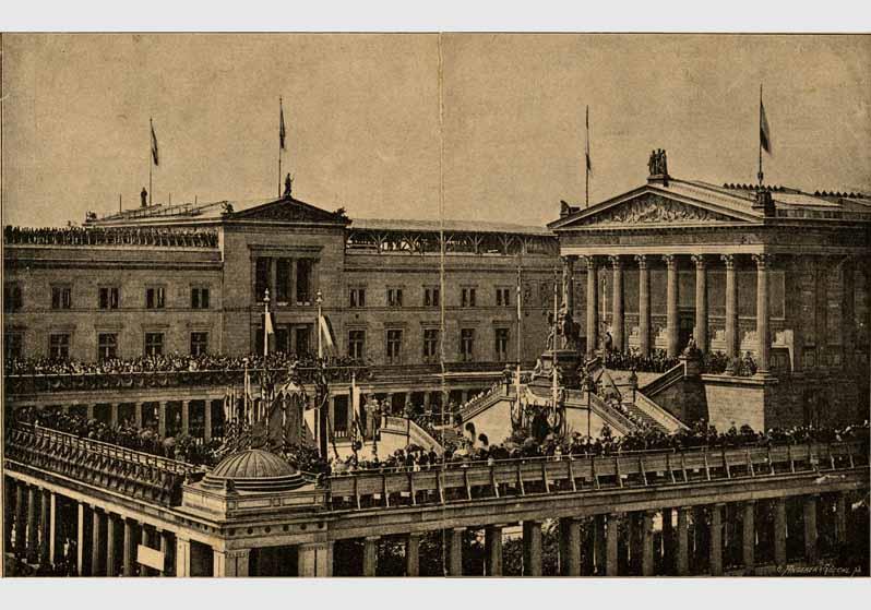 Blick von Osten auf die Kolonnaden, das Reiterstandbild von Alexander Calandrelli und die Freitreppe der Nationalgalerie anlässlich der Enthüllung des Denkmals zu Ehren Friedrich Wilhelms IV