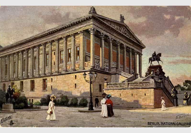 Ansicht der Nationalgalerie um 1900 mit Freitreppe und Reiterstandbild von Alexander Calandrelli (Postkarte)