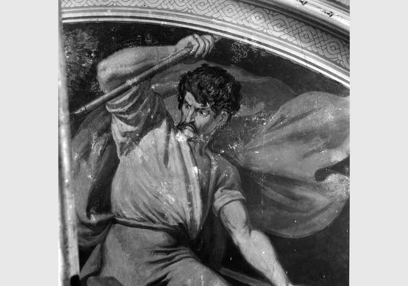 Blick auf das zum Teil zerstörte Deckengemälde "Die Nibelungen-Sage" von Ernst Ewald in der Querhalle der Nationalgalerie