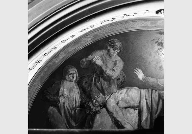 Blick auf das zum Teil zerstörte Deckengemälde "Die Nibelungen-Sage" von Ernst Ewald in der Querhalle der Nationalgalerie