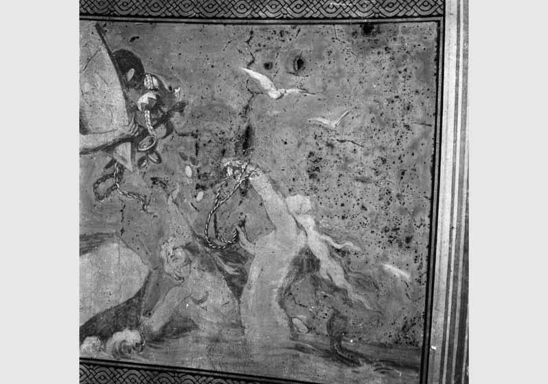 Blick auf das zum Teil zerstörte Deckengemälde "Die Nibelungen-Sage" von Ernst Ewald in der Querhalle der Nationalgalerie